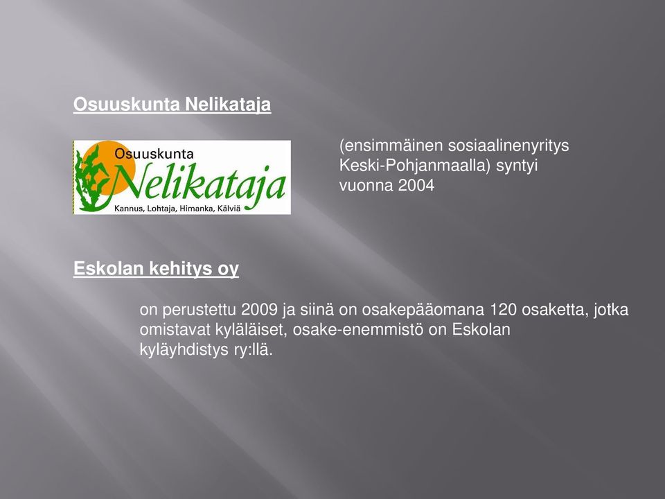 perustettu 2009 ja siinä on osakepääomana 120 osaketta, jotka
