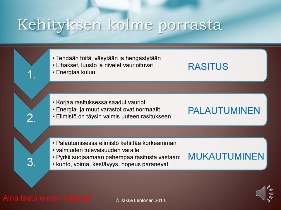 Korjaa rasituksessa saadut vauriot Energia- ja muut varastot ovat normaalit Elimistö on täysin valmis uuteen