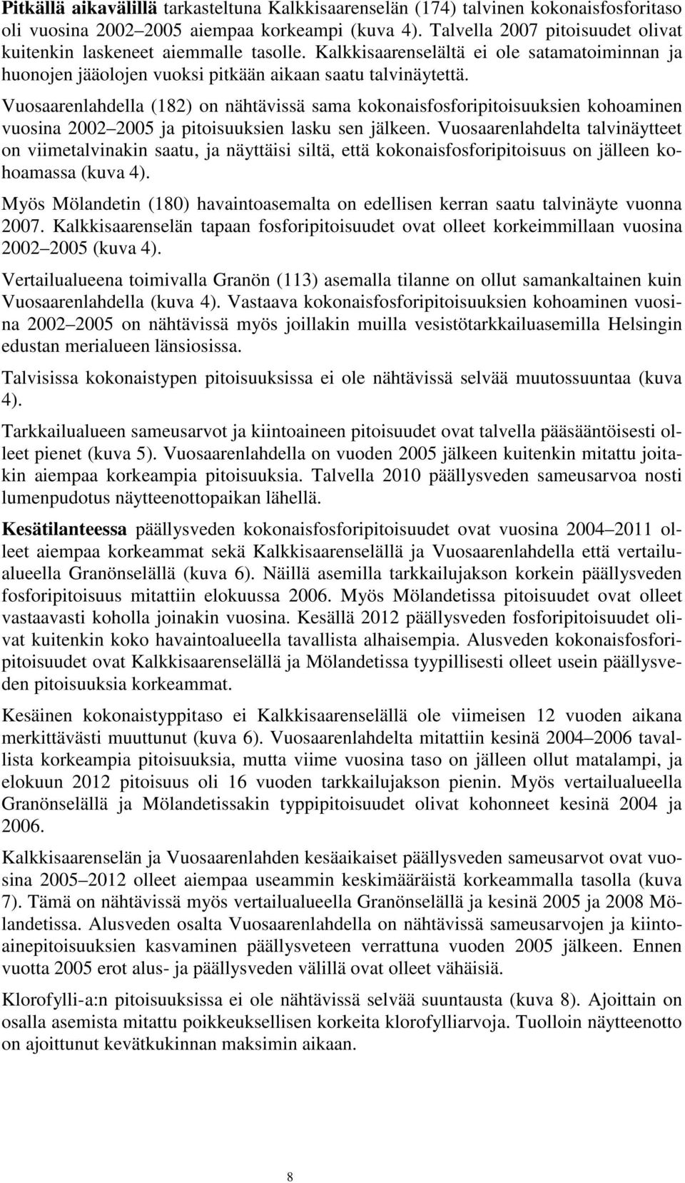 Vuosaarenlahdella (182) on nähtävissä sama kokonaisfosforipitoisuuksien kohoaminen vuosina 22 25 ja pitoisuuksien lasku sen jälkeen.