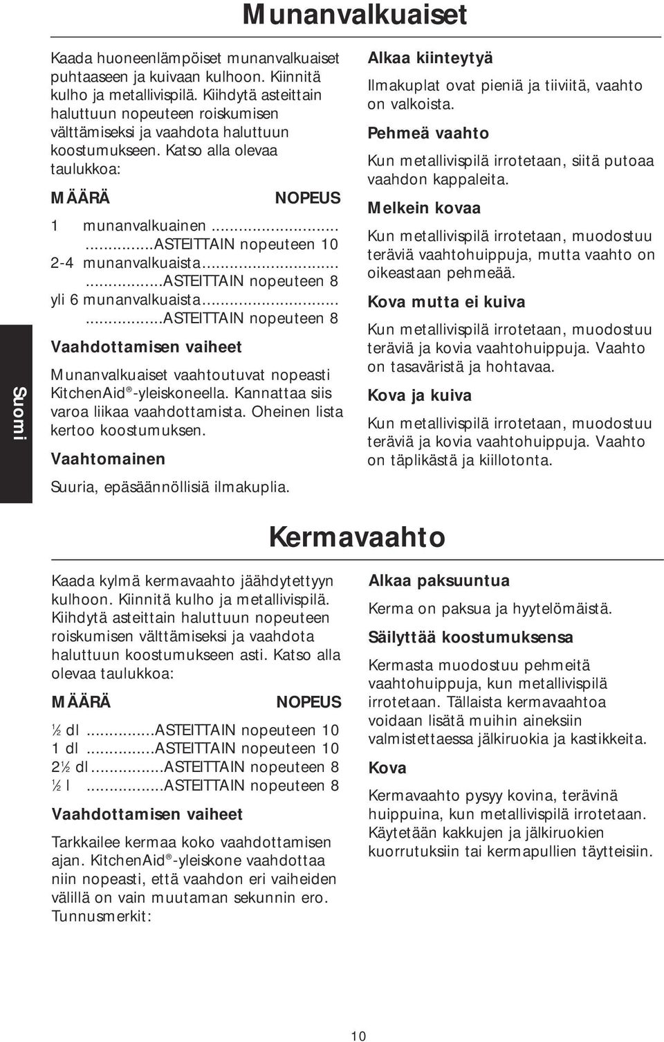 .....asteittain nopeuteen 10 2-4 munanvalkuaista......asteittain nopeuteen 8 yli 6 munanvalkuaista.