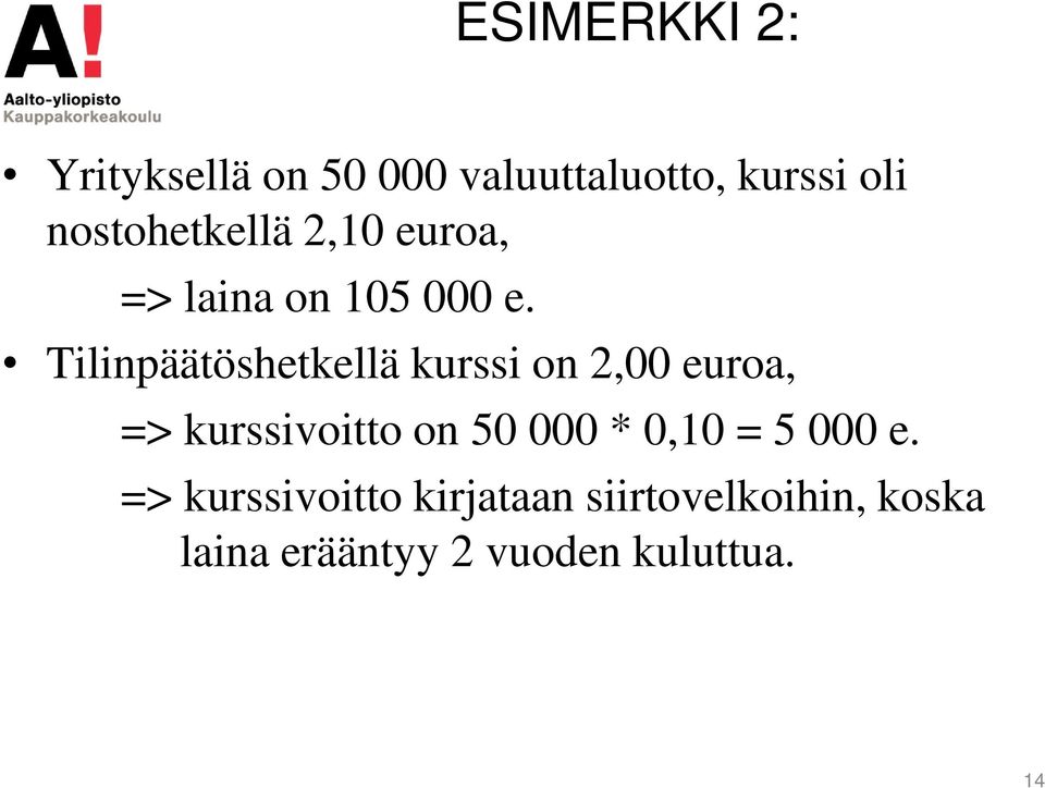 Tilinpäätöshetkellä kurssi on 2,00 euroa, => kurssivoitto on 50 000 *