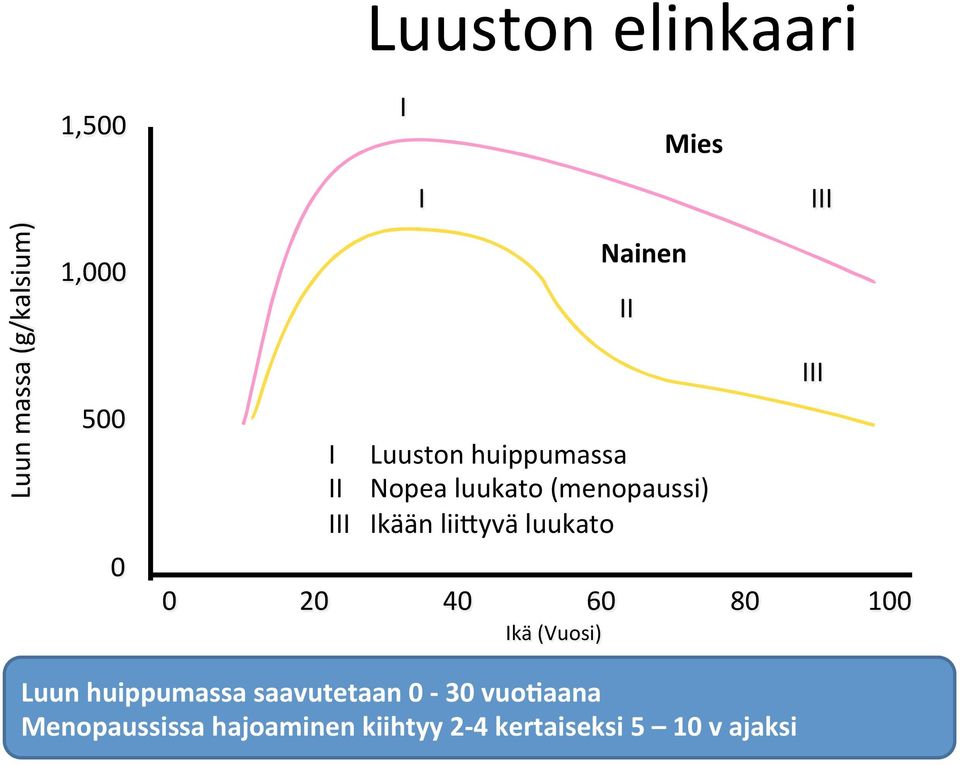 (menopaussi) III Ikään lii-yvä luukato III III Luun huippumassa