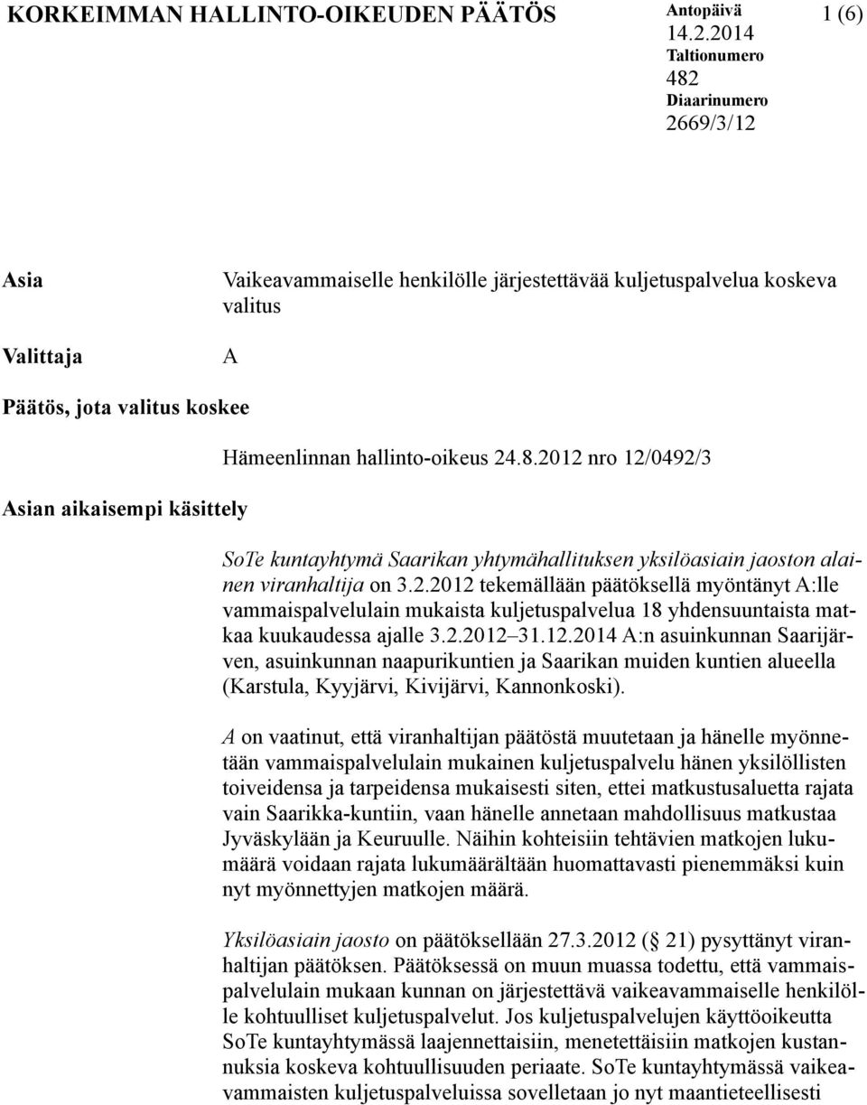 Hämeenlinnan hallinto-oikeus 24.8.2012 nro 12/0492/3 SoTe kuntayhtymä Saarikan yhtymähallituksen yksilöasiain jaoston alainen viranhaltija on 3.2.2012 tekemällään päätöksellä myöntänyt A:lle vammaispalvelulain mukaista kuljetuspalvelua 18 yhdensuuntaista matkaa kuukaudessa ajalle 3.