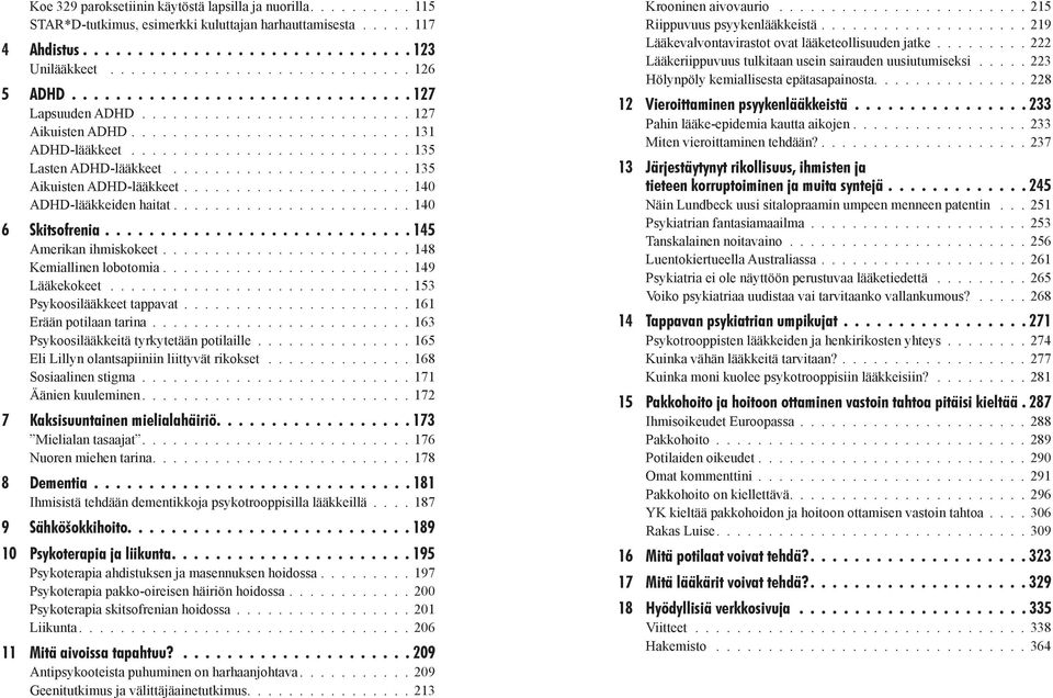 ..................... 140 ADHD-lääkkeiden haitat....................... 140 6 Skitsofrenia 145 Amerikan ihmiskokeet........................ 148 Kemiallinen lobotomia........................ 149 Lääkekokeet.