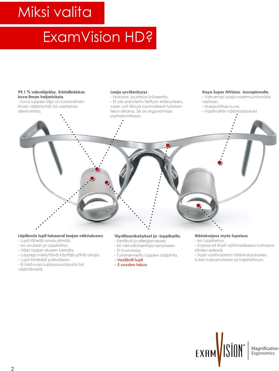- Vahvempi suoja naarmuuntumista vastaan. - Huippukirkas kuva. - Vaativatkin näönkorjaukset. Läpilinssin lupit takaavat laajan näköalueen. - Lupit lähellä omaa silmää. - Iso okulaari ja luppikehys.
