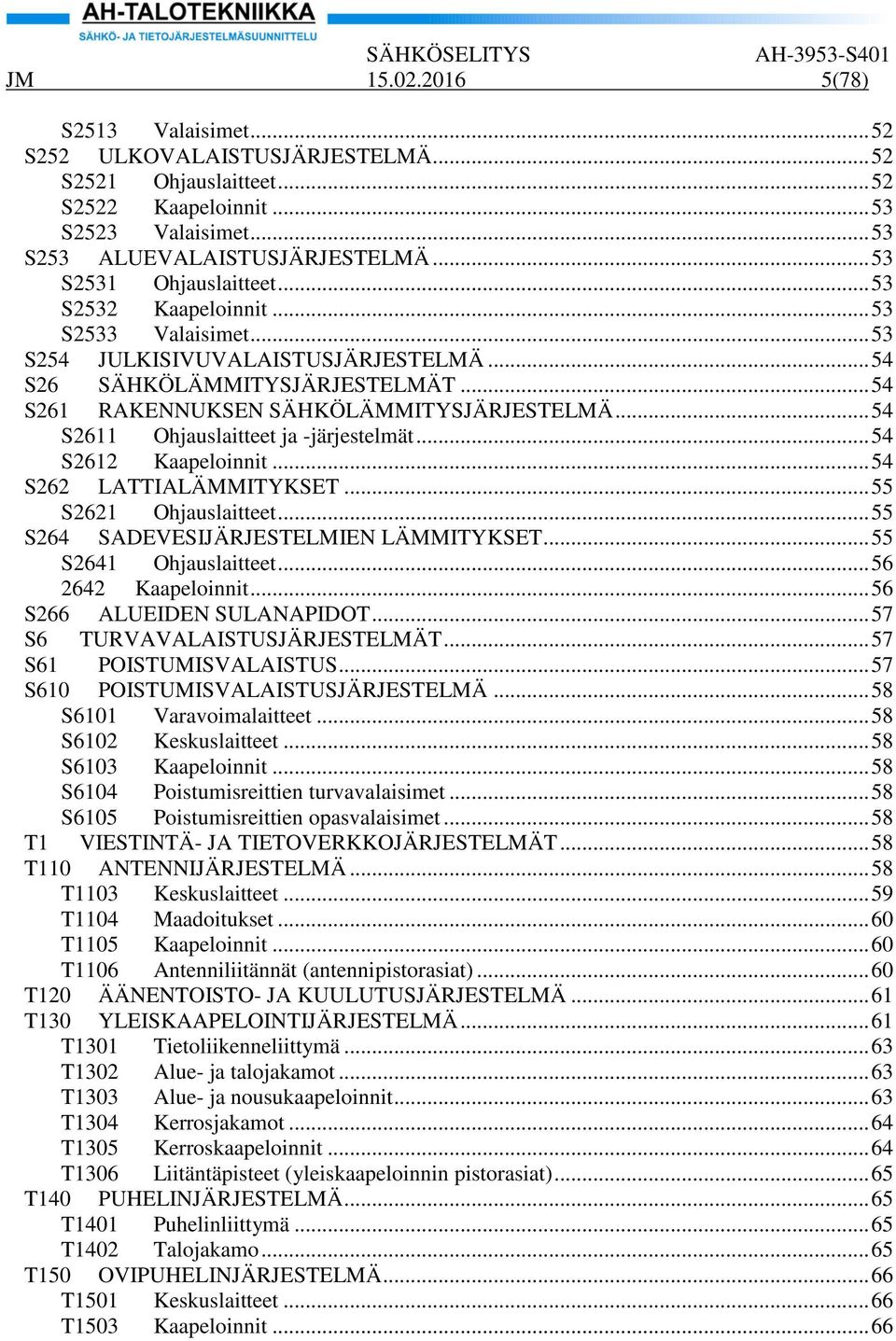 .. 54 S2611 Ohjauslaitteet ja -järjestelmät... 54 S2612 Kaapeloinnit... 54 S262 LATTIALÄMMITYKSET... 55 S2621 Ohjauslaitteet... 55 S264 SADEVESIJÄRJESTELMIEN LÄMMITYKSET... 55 S2641 Ohjauslaitteet.