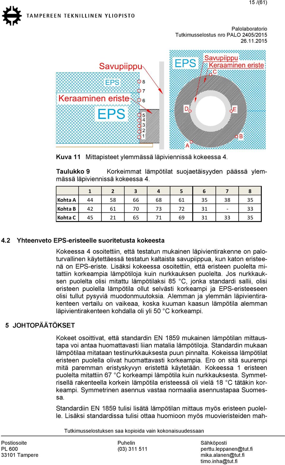 2 Yhteenveto EPS-eristeelle suoritetusta kokeesta 5 JOHTOPÄÄTÖKSET Kokeessa 4 osoitettiin, että testatun mukainen läpivientirakenne on paloturvallinen käytettäessä testatun kaltaista savupiippua, kun