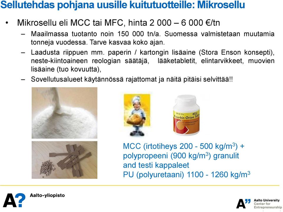 paperin / kartongin lisäaine (Stora Enson konsepti), neste-kiintoaineen reologian säätäjä, lääketabletit, elintarvikkeet, muovien lisäaine (tuo