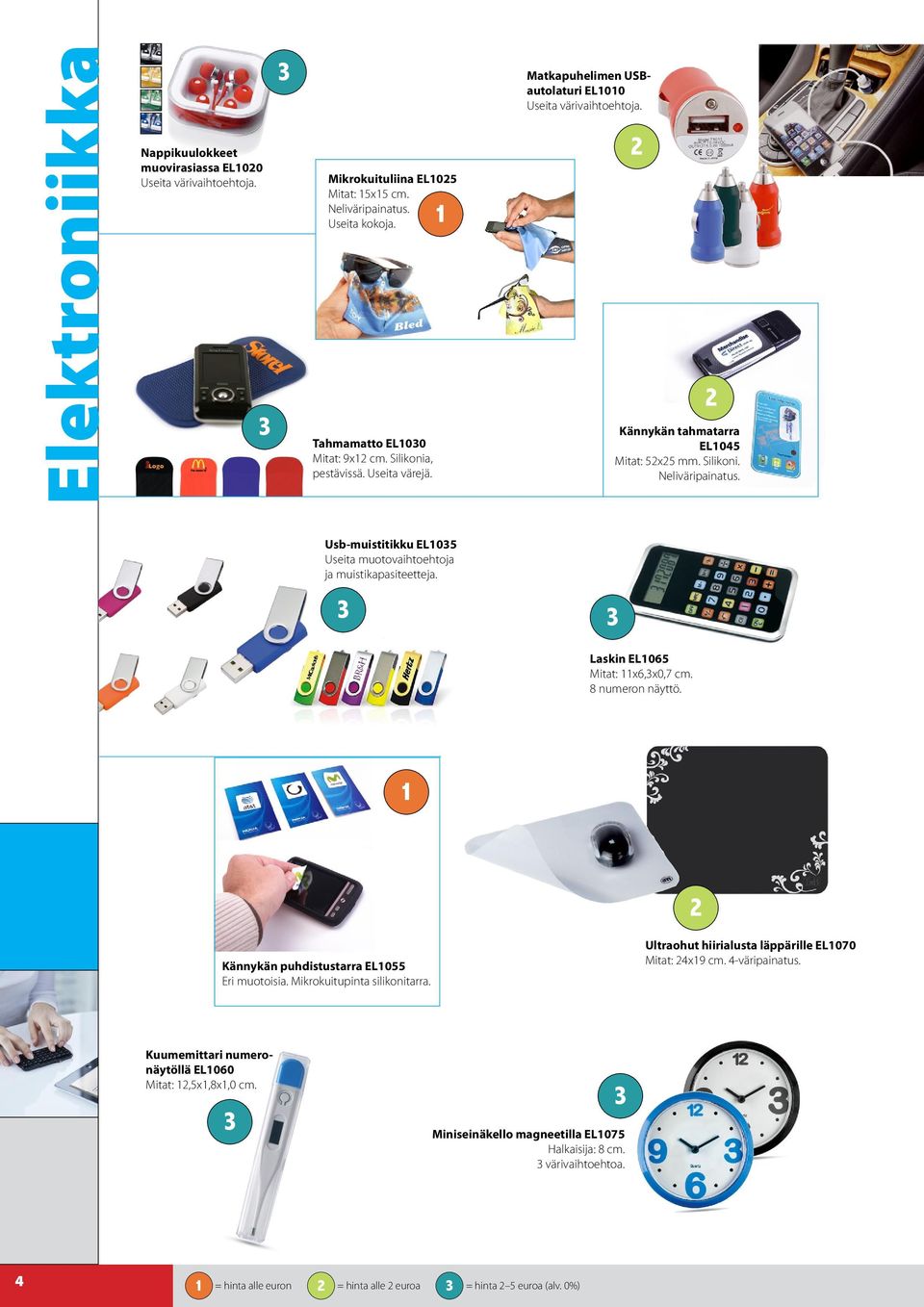 Usb-muistitikku EL05 Useita muotovaihtoehtoja ja muistikapasiteetteja. Laskin EL065 Mitat: x6,x0,7 cm. 8 numeron näyttö. Kännykän puhdistustarra EL055 Eri muotoisia. Mikrokuitupinta silikonitarra.