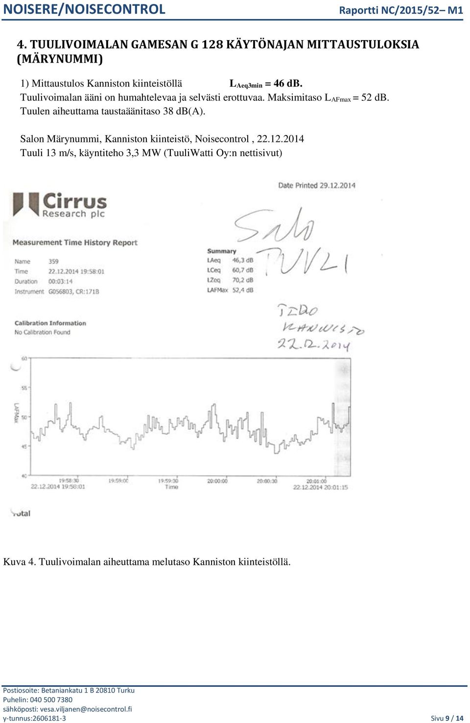Tuulen aiheuttama taustaäänitaso 38 db(a). Salon Märynummi, Kanniston kiinteistö, Noisecontrol, 22.12.