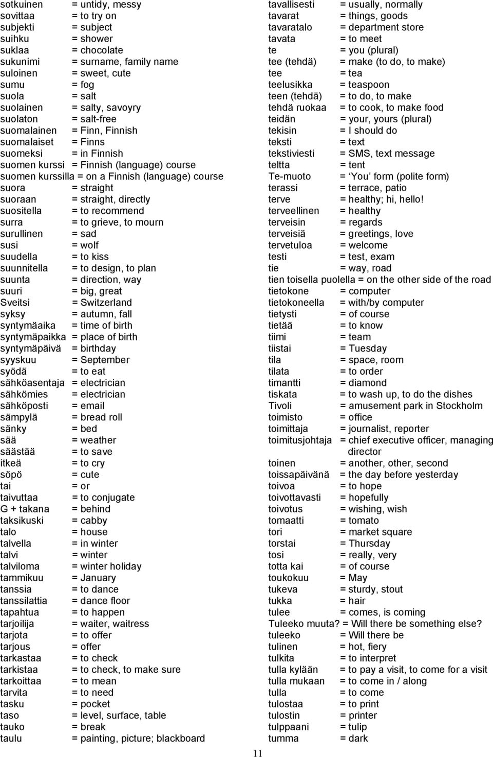 straight suoraan = straight, directly suositella = to recommend surra = to grieve, to mourn surullinen = sad susi = wolf suudella = to kiss suunnitella = to design, to plan suunta = direction, way
