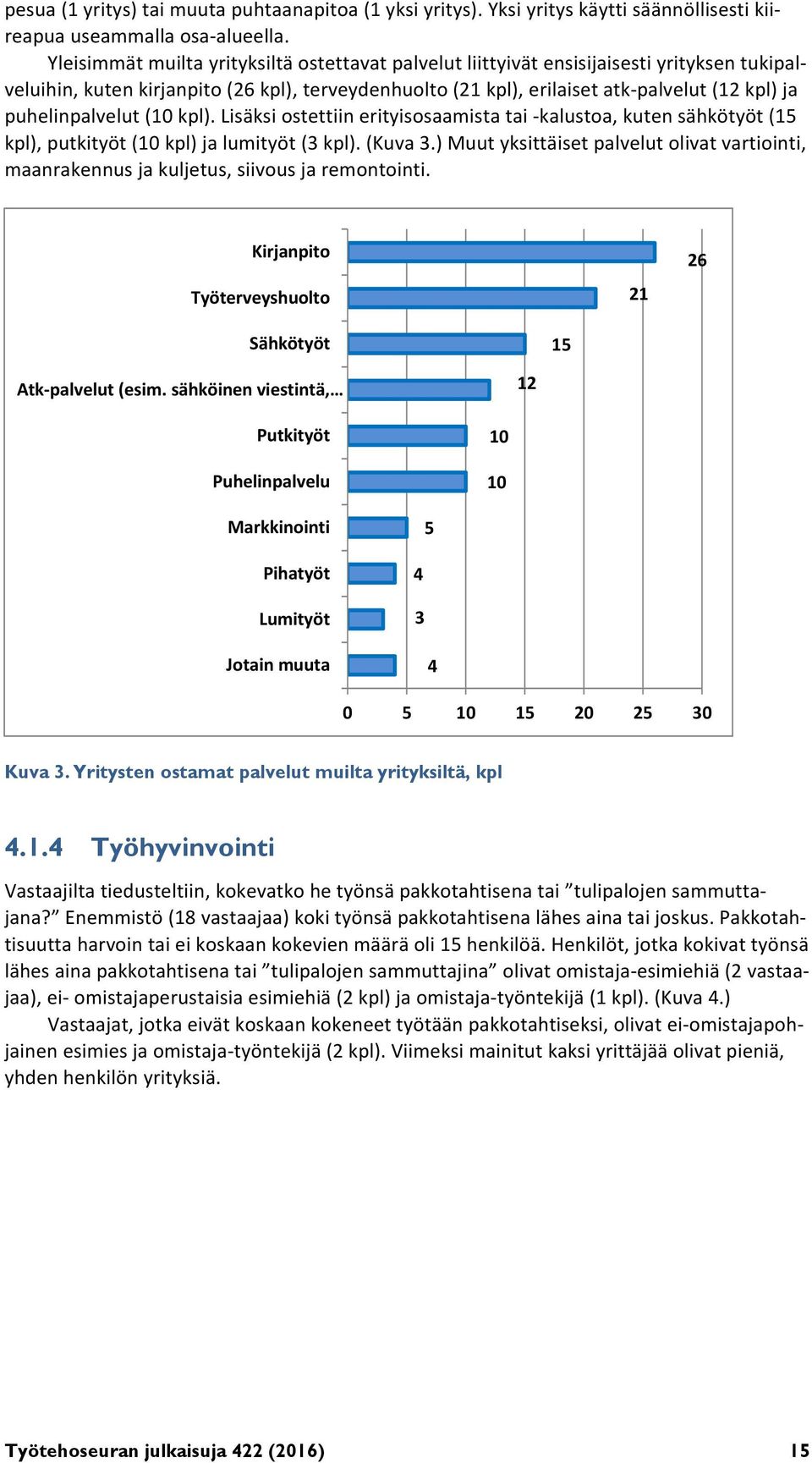 puhelinpalvelut (10 kpl). Lisäksi ostettiin erityisosaamista tai kalustoa, kuten sähkötyöt (15 kpl), putkityöt (10 kpl) ja lumityöt (3 kpl). (Kuva 3.