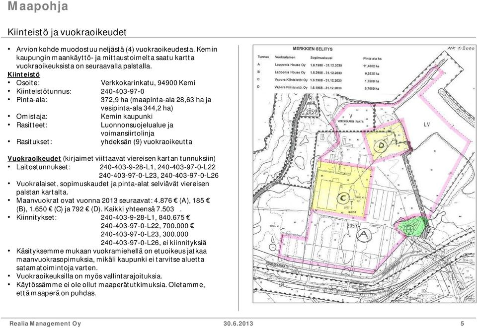 Luonnonsuojelualue ja voimansiirtolinja Rasitukset: yhdeksän (9) vuokraoikeutta Vuokraoikeudet (kirjaimet viittaavat viereisen kartan tunnuksiin) Laitostunnukset: 240-403-9-28-L1, 240-403-97-0-L22