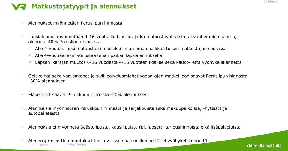 4-16 vuoteen koskee sekä kauko- että vyöhykeliikennettä Opiskelijat sekä varusmiehet ja siviilipalvelusmiehet vapaa-ajan matkoillaan saavat Peruslipun hinnasta -30% alennuksen Eläkeläiset saavat