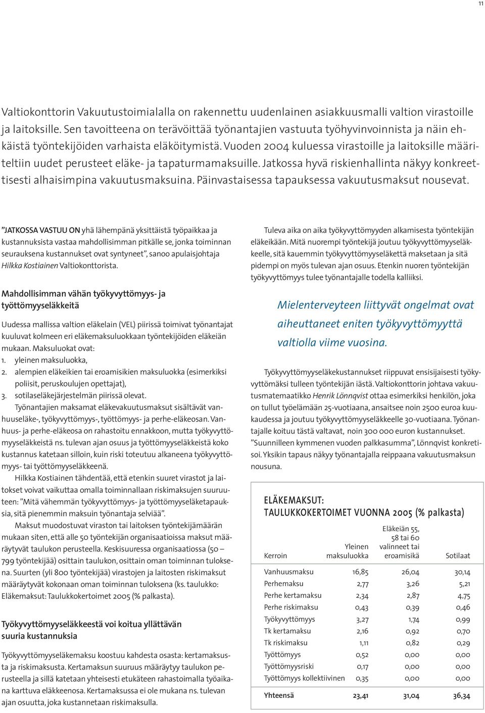 Vuoden 2004 kuluessa virastoille ja laitoksille määriteltiin uudet perusteet eläke- ja tapaturmamaksuille. Jatkossa hyvä riskienhallinta näkyy konkreettisesti alhaisimpina vakuutusmaksuina.