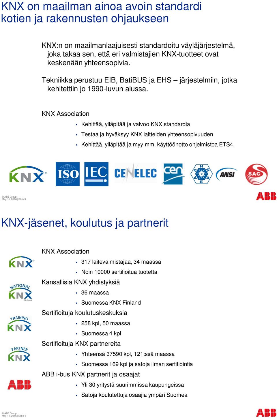 KNX Association Kehittää, ylläpitää ja valvoo KNX standardia Testaa ja hyväksyy KNX laitteiden yhteensopivuuden Kehittää, ylläpitää ja myy mm. käyttöönotto ohjelmistoa ETS4.