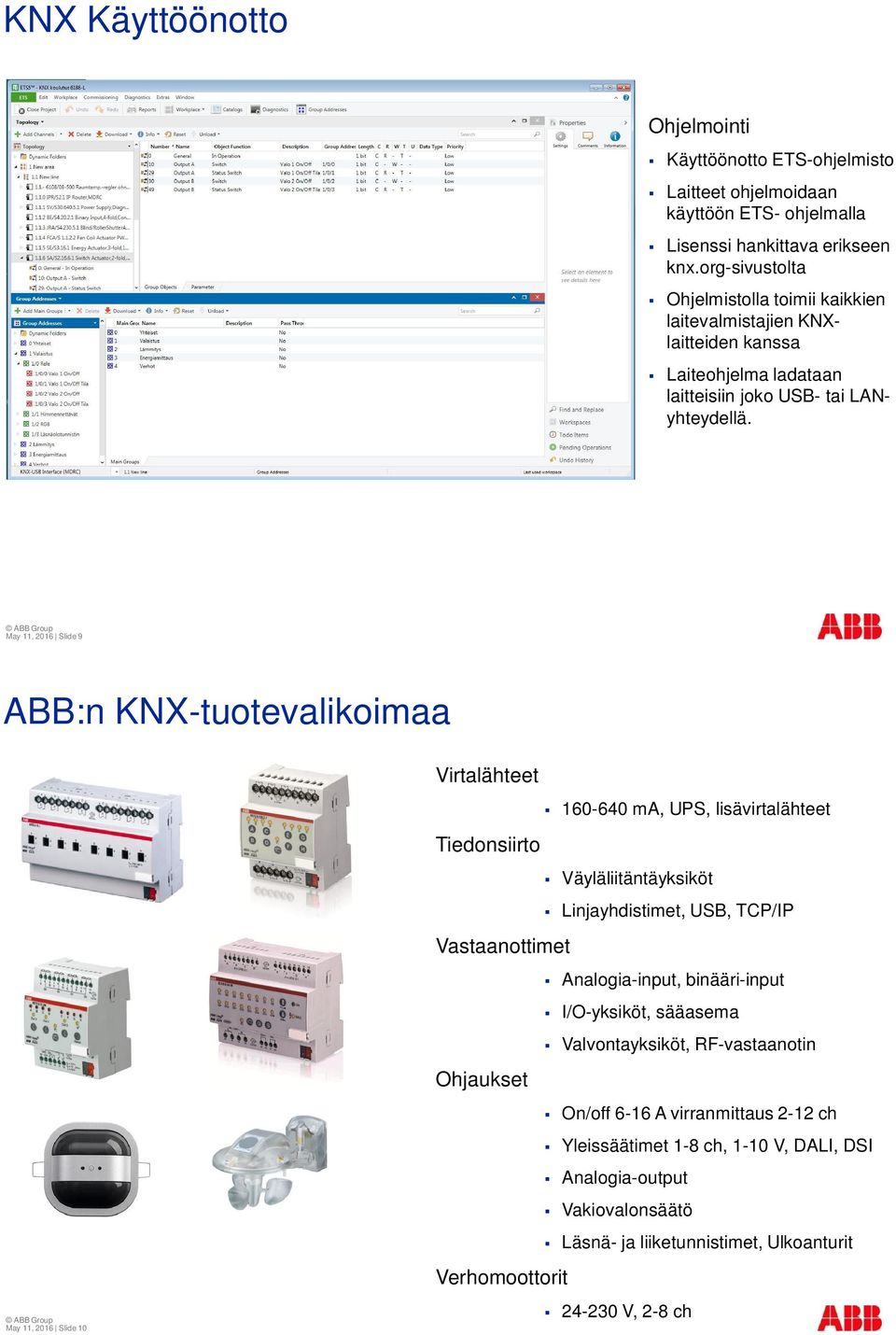 May 11, 2016 Slide 9 ABB:n KNX-tuotevalikoimaa May 11, 2016 Slide 10 Virtalähteet 160-640 ma, UPS, lisävirtalähteet Tiedonsiirto Väyläliitäntäyksiköt Linjayhdistimet, USB, TCP/IP