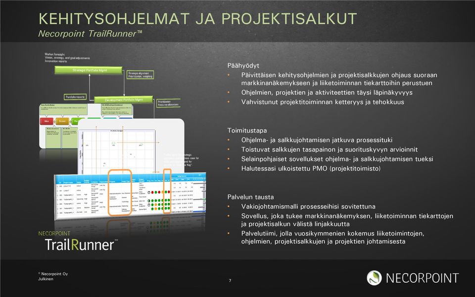 tasapainon ja suorituskyvyn arvioinnit Selainpohjaiset sovellukset ohjelma- ja salkkujohtamisen tueksi Halutessasi ulkoistettu PMO (projektitoimisto) Palvelun tausta Vakiojohtamismalli prosesseihisi