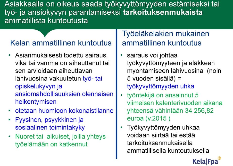 Fyysinen, psyykkinen ja sosiaalinen toimintakyky Nuoret tai aikuiset, joilla yhteys työelämään on katkennut Työeläkelakien mukainen ammatillinen kuntoutus sairaus voi johtaa työkyvyttömyyteen ja