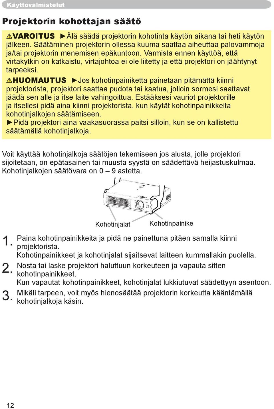Varmista ennen käyttöä, että virtakytkin on katkaistu, virtajohtoa ei ole liitetty ja että projektori on jäähtynyt tarpeeksi.