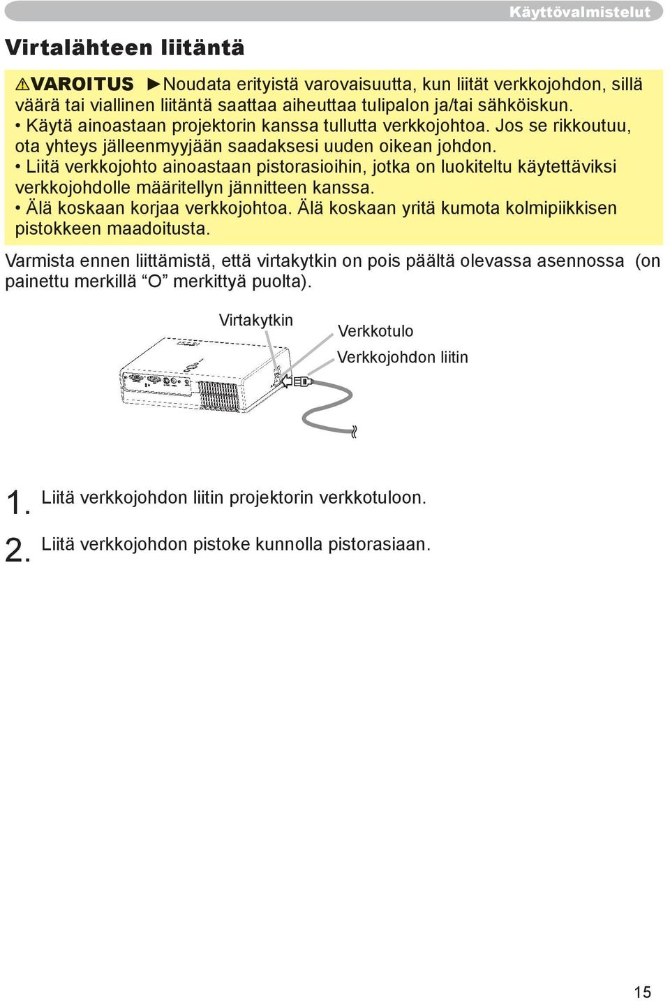 Liitä verkkojohto ainoastaan pistorasioihin, jotka on luokiteltu käytettäviksi verkkojohdolle määritellyn jännitteen kanssa. Älä koskaan korjaa verkkojohtoa.