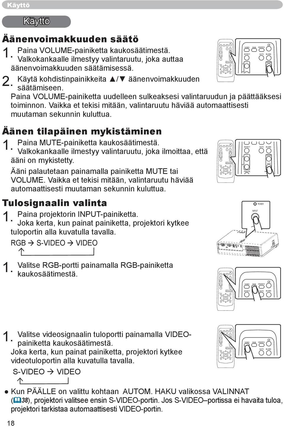 + RESET Käyttö Käyttö Äänenvoimakkuuden säätö Paina VOLUME-painiketta kaukosäätimestä. 1.