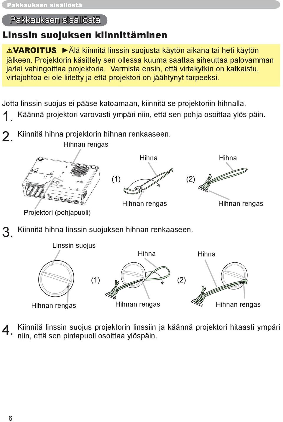 Varmista ensin, että virtakytkin on katkaistu, virtajohtoa ei ole liitetty ja että projektori on jäähtynyt tarpeeksi. Jotta linssin suojus ei pääse katoamaan, kiinnitä se projektoriin hihnalla.