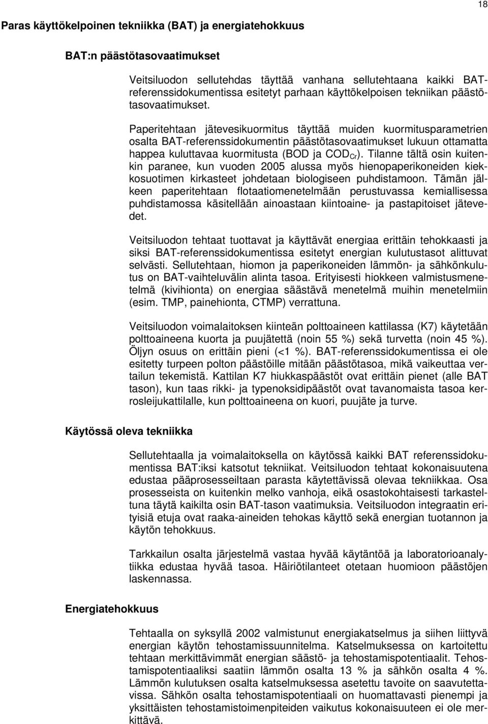 Paperitehtaan jätevesikuormitus täyttää muiden kuormitusparametrien osalta BAT-referenssidokumentin päästötasovaatimukset lukuun ottamatta happea kuluttavaa kuormitusta (BOD ja COD Cr ).