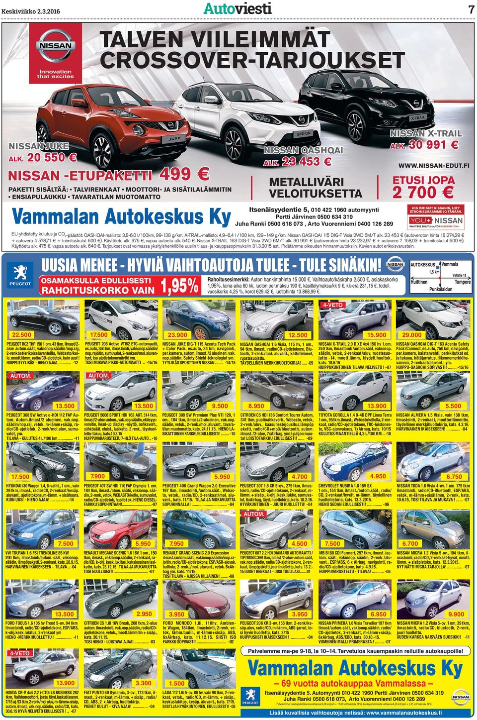 TULE SINÄKIN! Rahoitusesimeri: Auton hanintahinta 15.000, Vaihtoauto/äsiraha 2.500, asiaasoro 1,95%, laina-aia 60, luoton per.masu 190, äsittelymasu/ 9, -erä 231,15, todell.