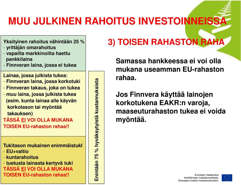 kunta lainaa alle käyvän korkotason tai myöntää takauksen) TÄSSÄ EI VOI OLLA MUKANA TOISEN EU-rahaston rahaa!