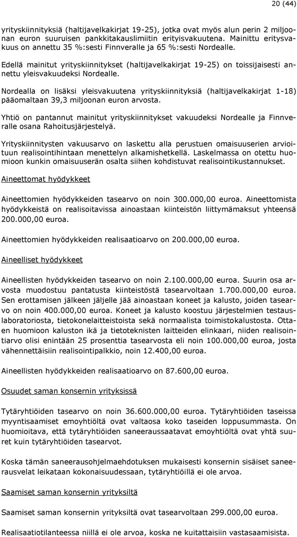 Nordealla on lisäksi yleisvakuutena yrityskiinnityksiä (haltijavelkakirjat 1-18) pääomaltaan 39,3 miljoonan euron arvosta.