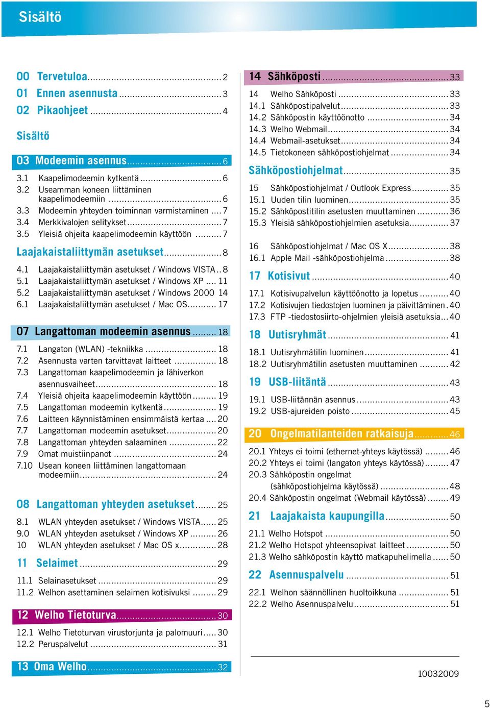 1 Laajakaistaliittymän asetukset / Windows XP... 11 5.2 Laajakaistaliittymän asetukset / Windows 2000. 14 6.1 Laajakaistaliittymän asetukset / Mac OS... 17 07 Langattoman modeemin asennus... 18 7.