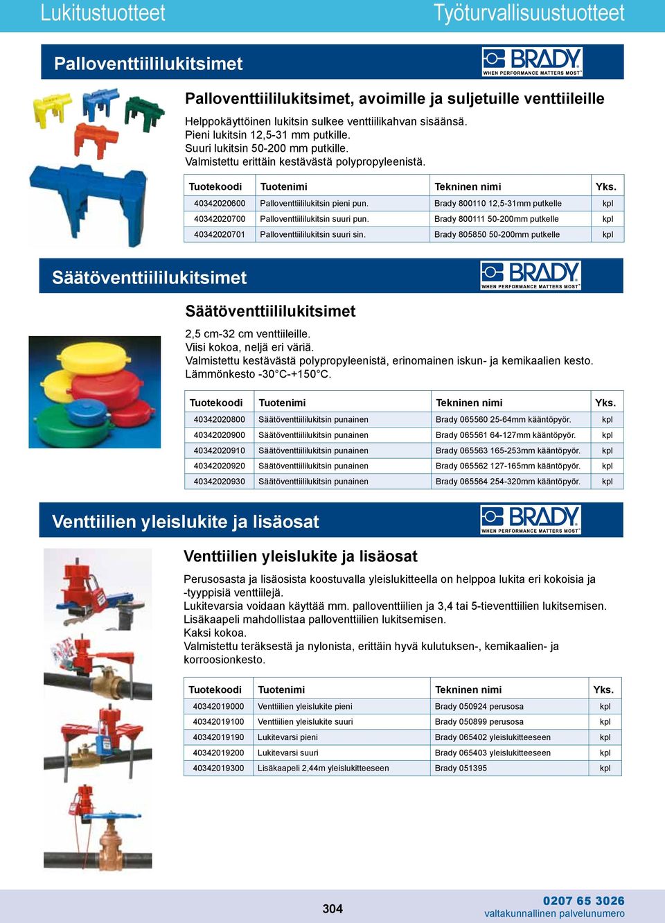Brady 800110 12,5-31mm putkelle kpl 40342020700 Palloventtiililukitsin suuri pun. Brady 800111 50-200mm putkelle kpl 40342020701 Palloventtiililukitsin suuri sin.