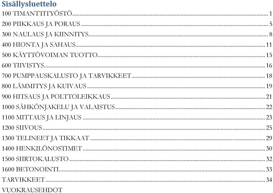 .. 19 900 HITSAUS JA POLTTOLEIKKAUS... 21 1000 SÄHKÖNJAKELU JA VALAISTUS... 22 1100 MITTAUS JA LINJAUS... 23 1200 SIIVOUS.