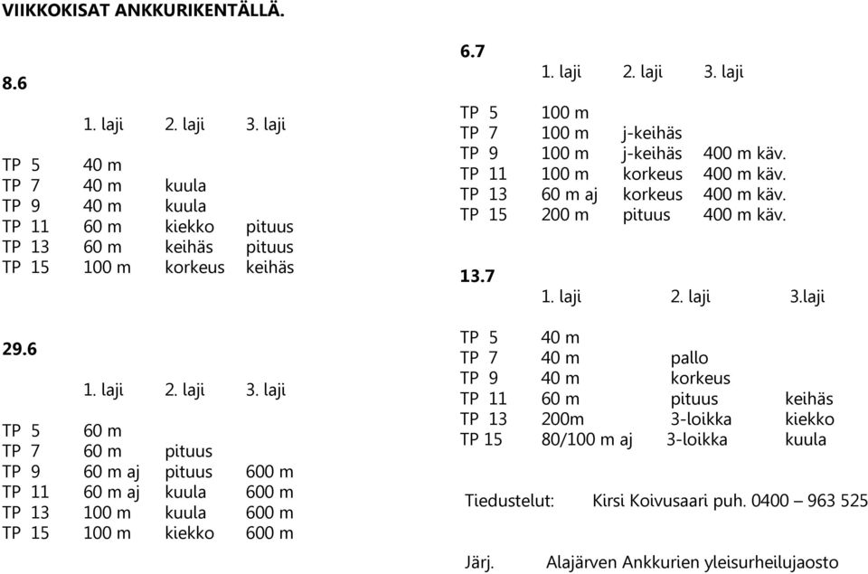 0400 963 525 Alajärven Ankkurien yleisurheilujaosto