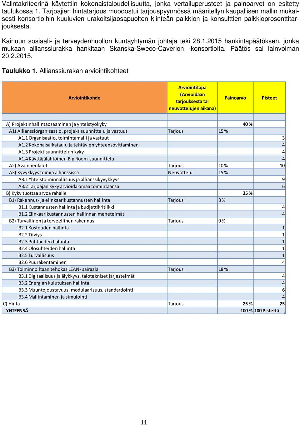 palkkioprosenttitarjouksesta. Kainuun sosiaali- ja terveydenhuollon kuntayhtymän johtaja teki 28.1.2015 hankintapäätöksen, jonka mukaan allianssiurakka hankitaan Skanska-Sweco-Caverion -konsortiolta.