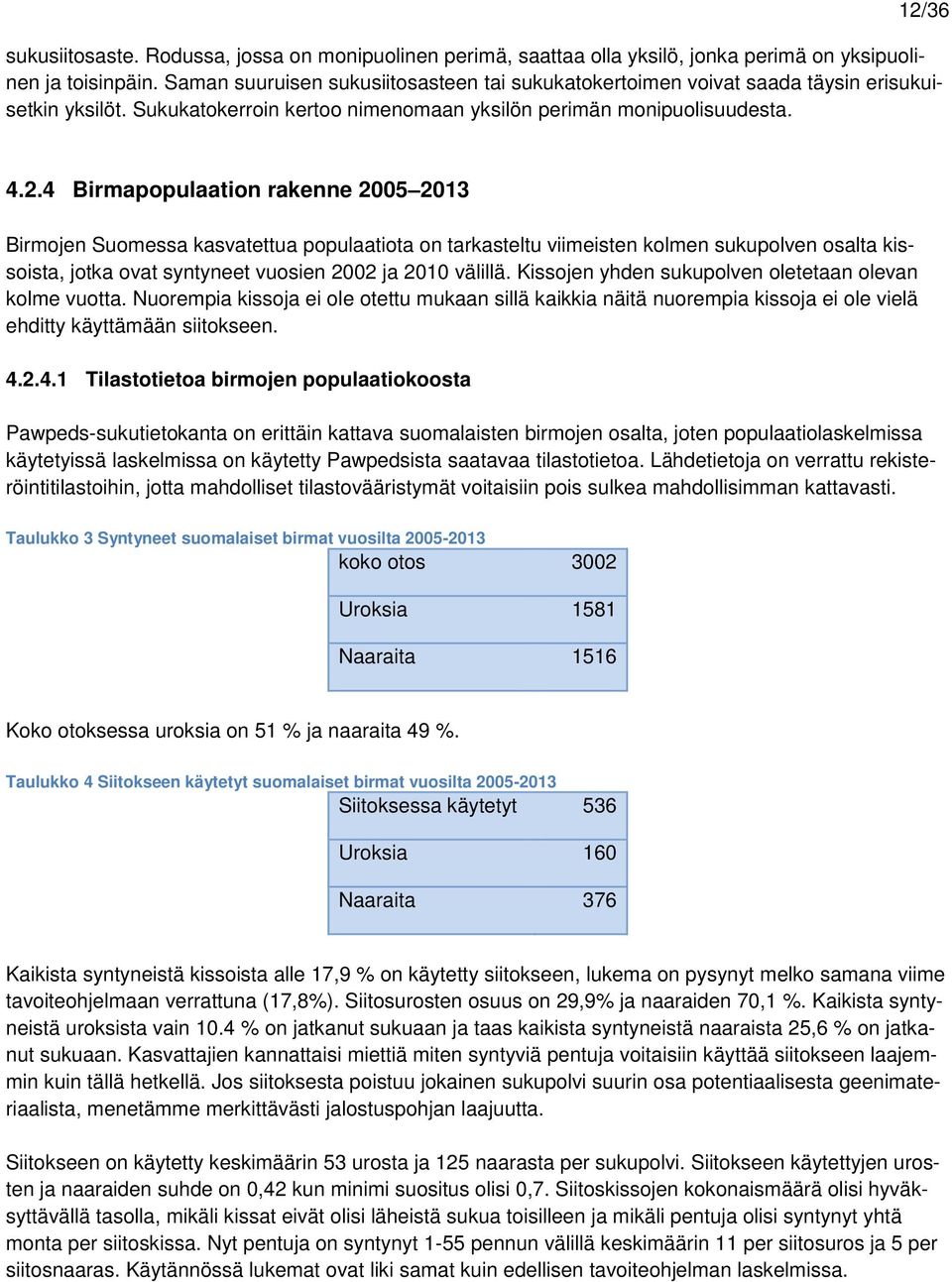 4 Birmapopulaation rakenne 2005 2013 Birmojen Suomessa kasvatettua populaatiota on tarkasteltu viimeisten kolmen sukupolven osalta kissoista, jotka ovat syntyneet vuosien 2002 ja 2010 välillä.