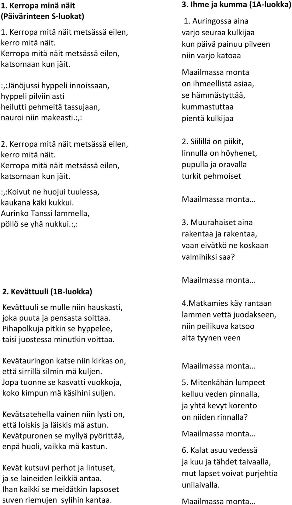 Kerropa mitä näit metsässä eilen, katsomaan kun jäit. :,:Koivut ne huojui tuulessa, kaukana käki kukkui. Aurinko Tanssi lammella, pöllö se yhä nukkui.:,: 2.