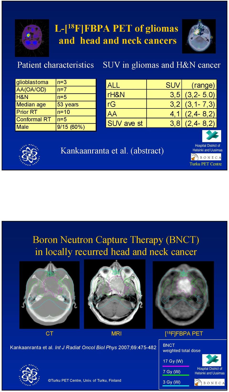 (abstract) Hospital District of Helsinki and Uusimaa Boron Neutron Capture Therapy (BNCT) in locally recurred head and neck cancer CT MRI [ 18 F]FBPA PET Kankaanranta