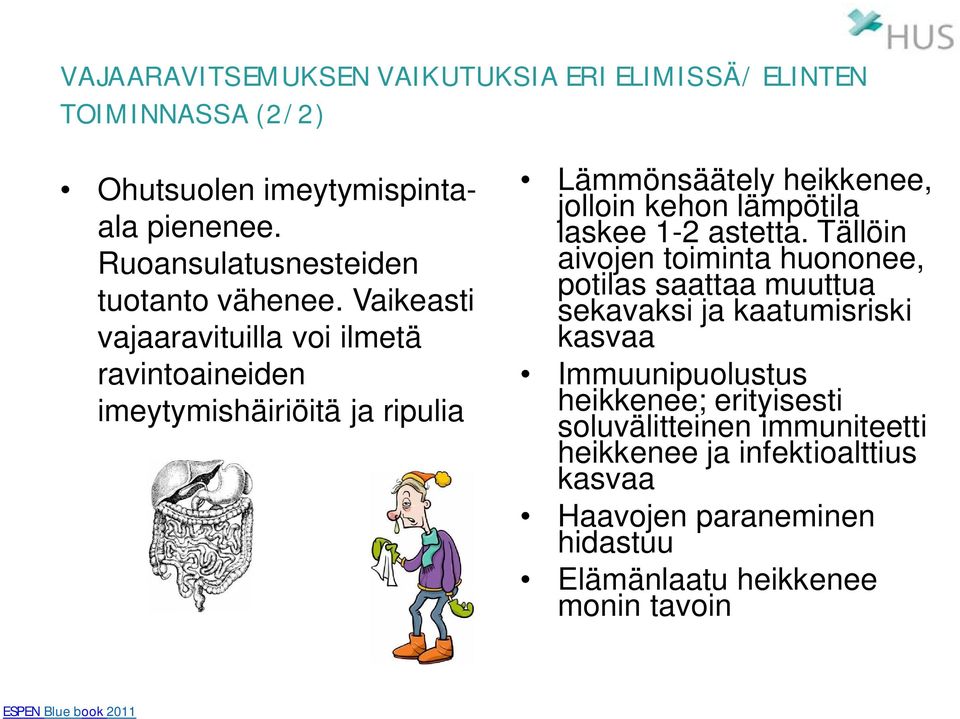 Vaikeasti vajaaravituilla voi ilmetä ravintoaineiden imeytymishäiriöitä ja ripulia Lämmönsäätely heikkenee, jolloin kehon lämpötila laskee 1-2