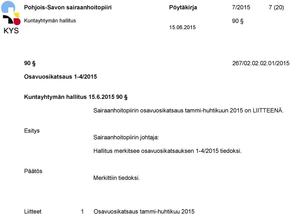 2015 90 Sairaanhoitopiirin osavuosikatsaus tammi-huhtikuun 2015 on LIITTEENÄ.
