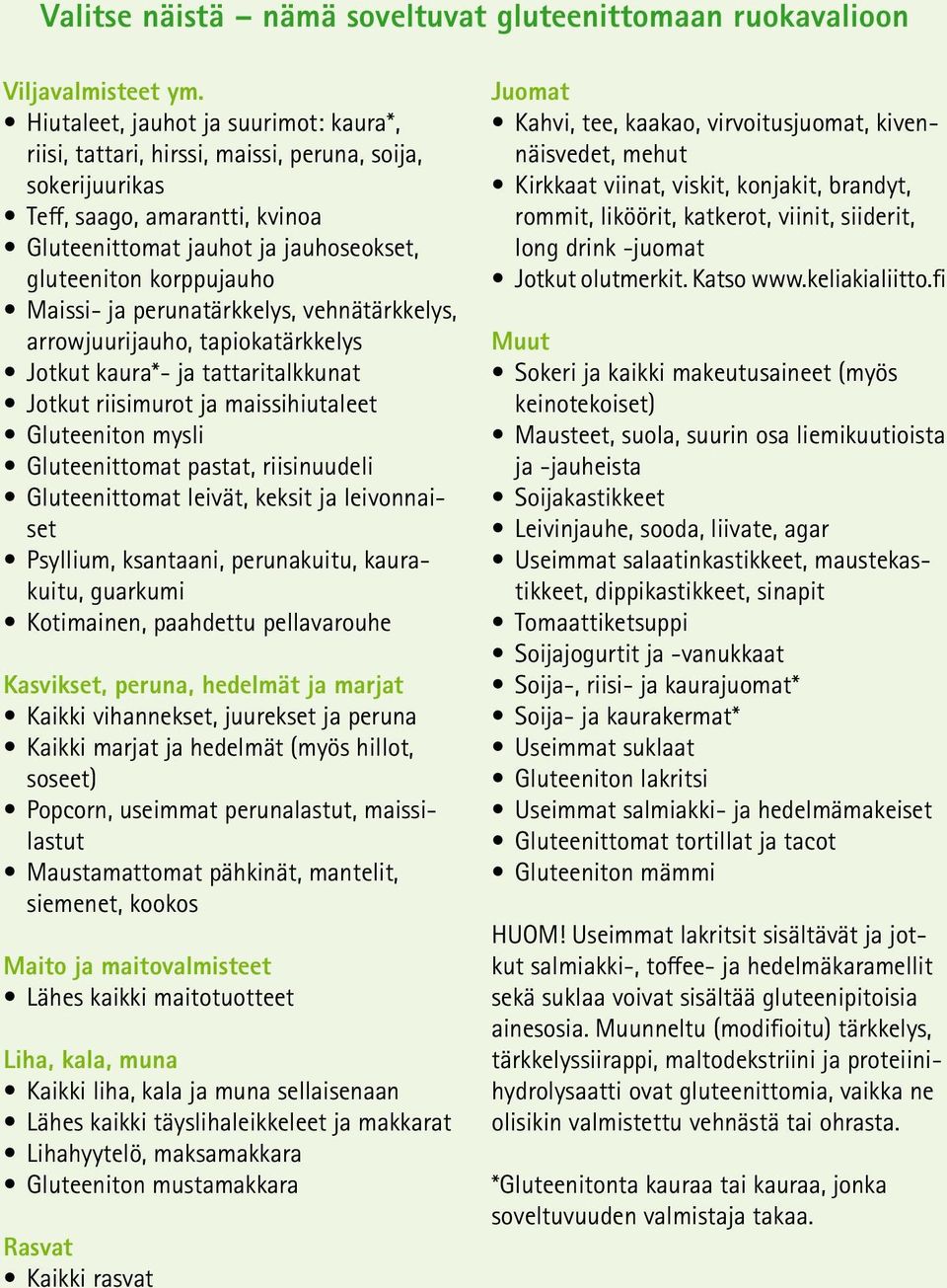 Maissi- ja perunatärkkelys, vehnätärkkelys, arrowjuurijauho, tapiokatärkkelys Jotkut kaura*- ja tattaritalkkunat Jotkut riisimurot ja maissihiutaleet Gluteeniton mysli Gluteenittomat pastat,