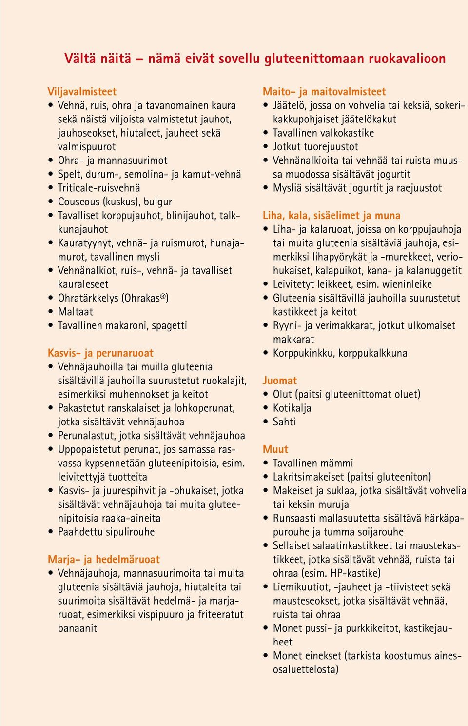 ruismurot, hunajamurot, tavallinen mysli Vehnänalkiot, ruis-, vehnä- ja tavalliset kauraleseet Ohratärkkelys (Ohrakas ) Maltaat Tavallinen makaroni, spagetti Kasvis- ja perunaruoat Vehnäjauhoilla tai