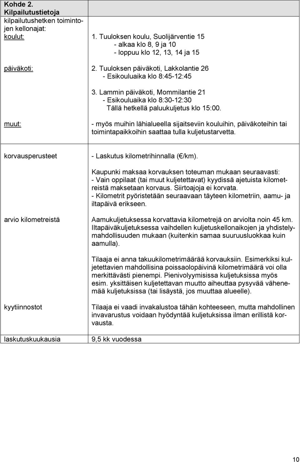 muut: - myös muihin lähialueella sijaitseviin kouluihin, päiväkoteihin tai toimintapaikkoihin saattaa tulla kuljetustarvetta. korvausperusteet - Laskutus kilometrihinnalla ( /km).