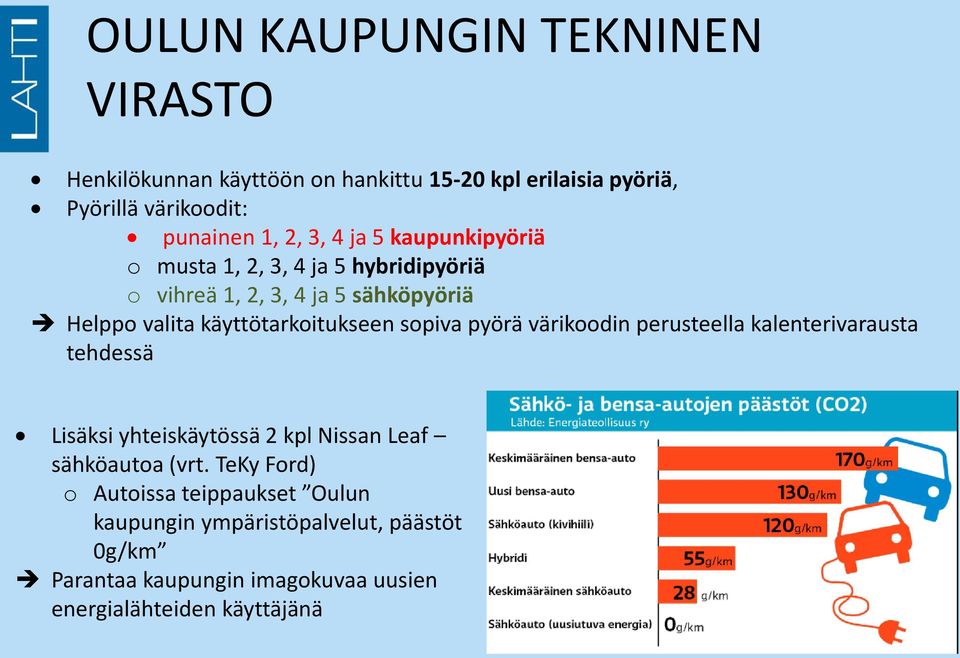 sopiva pyörä värikoodin perusteella kalenterivarausta tehdessä Lisäksi yhteiskäytössä 2 kpl Nissan Leaf sähköautoa (vrt.