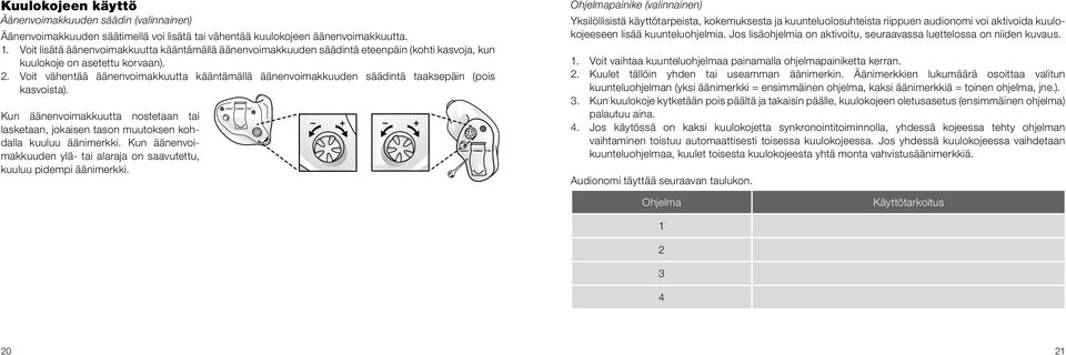 Voit vähentää äänenvoimakkuutta kääntämällä äänenvoimakkuuden säädintä taaksepäin (pois kasvoista). Kun äänenvoimakkuutta nostetaan tai lasketaan, jokaisen tason muutoksen kohdalla kuuluu äänimerkki.