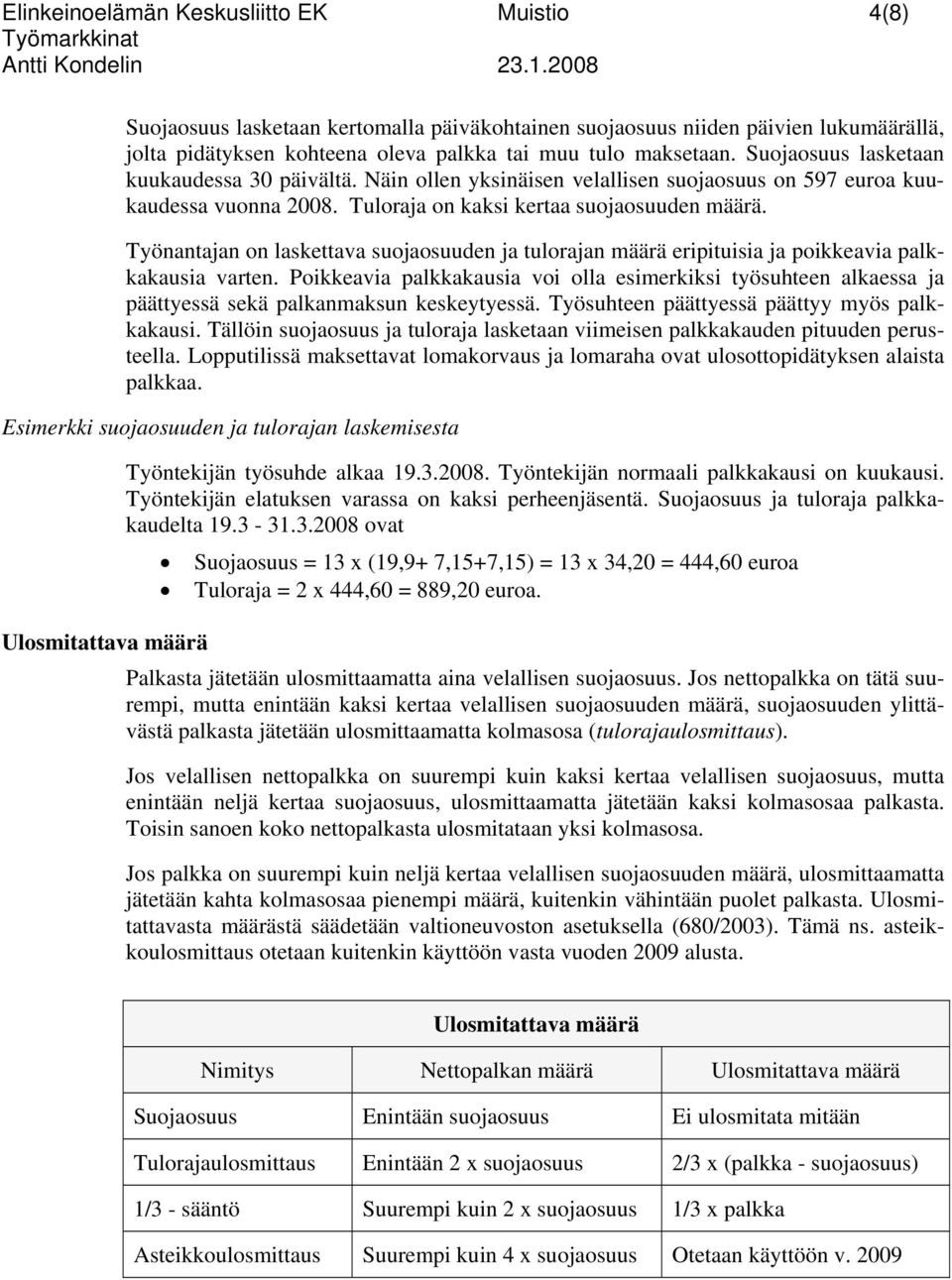 Työnantajan on laskettava suojaosuuden ja tulorajan määrä eripituisia ja poikkeavia palkkakausia varten.