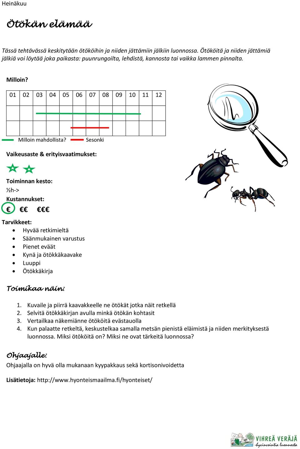 Toiminnan kesto: ½h-> Kustannukset: Tarvikkeet: Hyvää retkimieltä Säänmukainen varustus Pienet eväät Kynä ja ötökkäkaavake Luuppi Ötökkäkirja Toimikaa näin: 1.