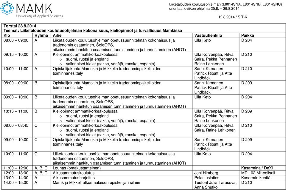 SoleOPS, Ulla Keto D 204 aikaisemmin hankitun osaamisen tunnistaminen ja tunnustaminen (AHOT) 09:15 10:00 A Kieliopinnot ammattikorkeakoulussa o suomi, ruotsi ja englanti o valinnaiset kielet (saksa,