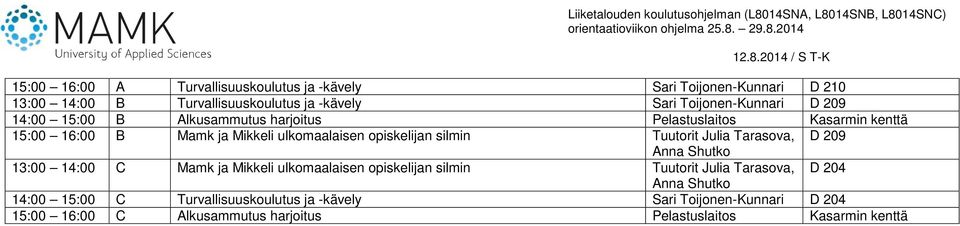 Tuutorit Julia Tarasova, D 209 Anna Shutko 13:00 14:00 C Mamk ja Mikkeli ulkomaalaisen opiskelijan silmin Tuutorit Julia Tarasova, D 204 Anna